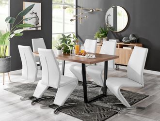 Furniturebox Kylo Large Brown Wood Effect Dining Table & 6 Willow Faux Leather Chairs in White
