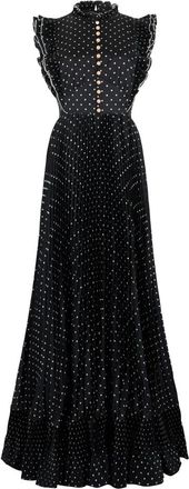 Self Portrait Polka Dot Frill Maxi Jurk - Dames - Avondkleed - Zwart - S - Polyester - Kleedjes