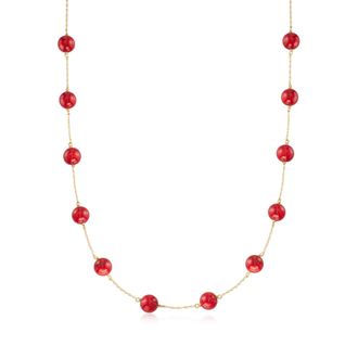 Ross-Simons 8mm Red Coral Bead Station Necklace in 14kt Yellow Gold