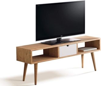 HOGAR 24 Argos - Mesa tv salón vintage cajón y huecos madera maciza natural