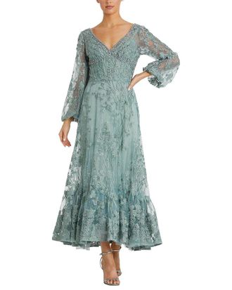 Mac Duggal V-Neck Mech Puff Sleeve A-Line Embellished Dress
