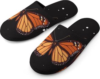 Generic Monarch Butterfly Pattern Mens Slippers Flannel Warm House Shoes with Rubber Anti-Slip Sole Slip On for Home Outdoor