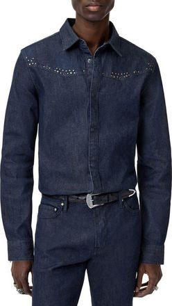 John Varvatos Studded Western Denim Snap-Up Shirt in Lake Blue at Nordstrom, Size X-Large