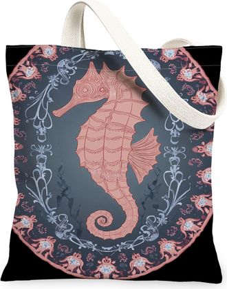 Generic Seahorses Canvas Tote Bag, Artistic Ocean Design Reusable Shopping Bags, Summer Nautical Lightweight Washable Shoulder Stra, Black, 13x15 Inch