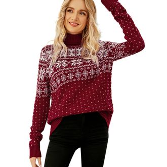 Generic Christmas Jumpers for Women Snowflake Printed Sweatshirt High Neck Ladies Christmas Jumpers Knit Sweater Womens Long Sleeve Turtleneck Pullover Cable 