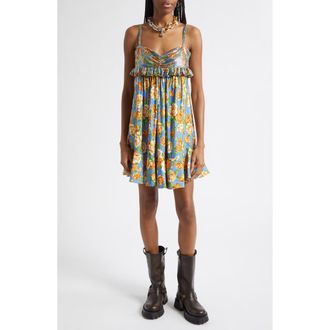 Paco Rabanne Floral Chain Mail Bodice Babydoll Dress in Floral Blue/orange/pink at Nordstrom, Size 38