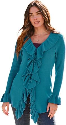 Roaman's Plus Size V Neck Ruffle Trim Tie Front Cardigan in Deep Teal at Nordstrom, Size Medium