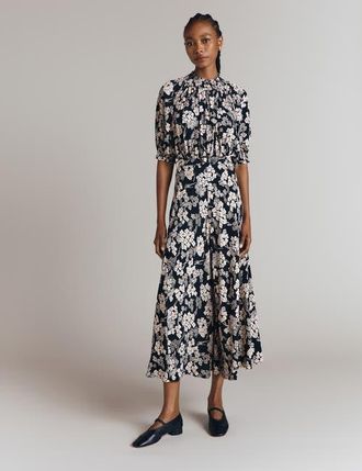 Ghost London Dolly Printed Floral Midi Dress in Mono Floral at Nordstrom, Size 12