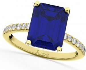 Allurez Emerald Cut Lab Blue Sapphire & Diamond Engagement Ring 14k Yellow Gold (2.96ct)