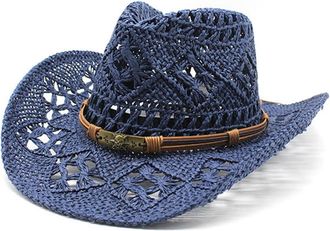 Generic Cowboy Cowgirl Summer Straw Hat Wide Brim Hollow Out Cowboy Beach Sun Hats for Women Ladies Summer