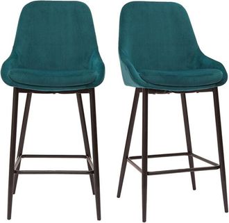Miliboo Set De 2 Taburetes De Cocina De Terciopelo Azul Petr&oacute;leo Y Metal Negro 65 Cm De Altura Holo