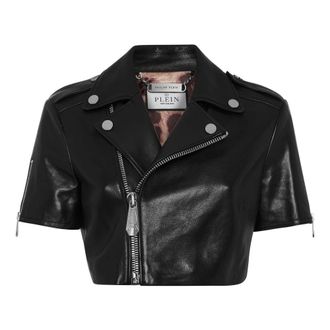 Philipp Plein Jassen, Dames, Zwart, L, Leer, Leren Cropped Biker Jack met Korte Mouwen