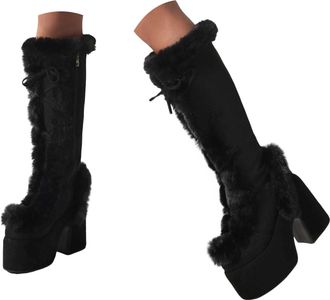 Generic Womens Knee High Warm Faux Fur Suede Boots Lace Side Zipper Platform Round Toe Chunky High Heel Winter Fashion Boot Black