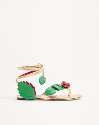 Valentino Garavani Cherryfic Thong Sandal in Laminated Nappa Leather and Kidskin Woman ANTIQUE BRASS/MULTICOLOUR 36.5