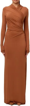 Naked Wardrobe Overlap Neck Long Sleeve Maxi Dress in Brown Sugar at Nordstrom, Size X-Small