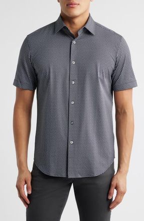 Bugatchi Miles OoohCotton Geo Print Short Sleeve Button-Up Shirt in Black at Nordstrom, Size Medium