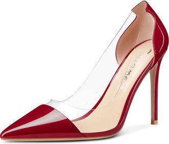 Castamere Womens High Heel Stilettos Clear Slip-on Pumps Court Shoe Close Pointed Toe Cute Classic Wedding Shoes 10 CM Heels Burgundy Wine Red 6.5 UK