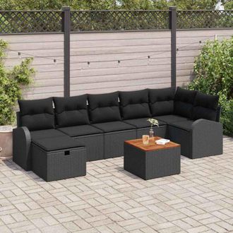 vidaXL Conjunto De Sof&aacute; De Jard&iacute;n Con Coj&iacute;n 8 Pcs Negro Polirat&aacute;n