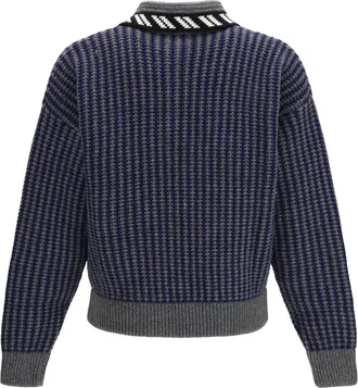 Versace Mens Intarsia Wool Knit Zip Cardigan Grey Melange Navy Blue Merino Ovis Aries Sweater
