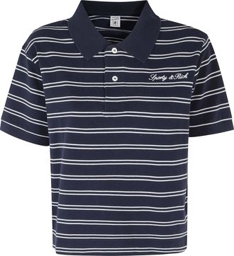 Sporty & Rich Navy Blue Signature Logo Striped Boxy Cotton Polo Shirt