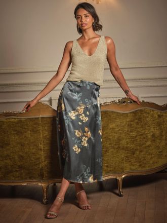 Fat Face FatFace Lily Dark Navy Printed Satin Bias Skirt