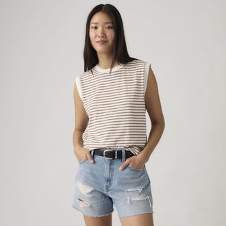Levi's Boxy Tank Top - Womens - XS - Beige / Emmi Stripe Egret Pine Bark