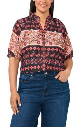 CeCe by Cynthia Steffe Ruffle Print Top in Rich Black at Nordstrom, Size 1 X
