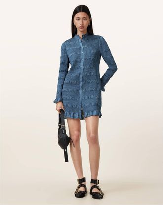 AllSaints Womens Polyester Meg Shirred Mini Shirt Dress, Size: UK 16/US 12