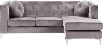 Beliani Sof&aacute; Esquinero Tapizado En Terciopelo Gris 3 Plazas Con Forma De L Versi&oacute;n Izquierda Cojines Adicionales Con Mechones Decorativos Flen