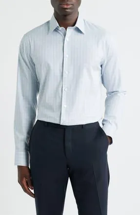 Nordstrom Trim Fit Check Premium Performance Twill Dress Shirt in Blue- Brown Cheval Plaid at Nordstrom Rack, Size 17.5 - 36/37