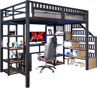 STILVORA Cama Alta 140 X 200 Cm Con Escritorio, Led, Usb, Estantes Y Escalera De Almacenamiento, Sin Colch&oacute;n, De Metal, Negro