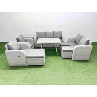 Fimous Pe Rattan Garden Furniture Set Outdoor Rectangular Dining Table Sofa Set with Reclining Chair 3 Stool Side Table Light Grey - Fimous