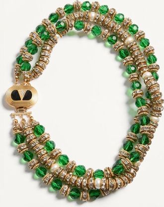 Valentino Garavani Collana Ovalette In Metallo, Smalto, Vetro Briole, Perle E Cristalli Donna ORO/EMERALD/NERO UNI