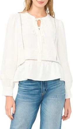 Vince Camuto Lace Yoke Tie Front Long Sleeve Top in Ultra White at Nordstrom, Size X-Large P