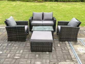 Fimous 5 Seater Dark Grey Mixed High Back Rattan Sofa Set Rectangular Coffee Table Garden Furniture Outdoor Patio