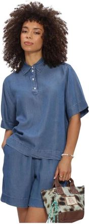 Selected Dames Blouses Slfjanna Oversize 2/4 Polo Shirt - Dames - Polos - Blauw - L - Linnen - Tops