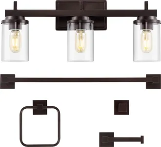Jonathan Y Designs Liam 23.25 3-Light Farmhouse Industrial Vanity Light with Bathroom Hardware Accessory Set, Oil Rubbed Bronze (5-Piece)
