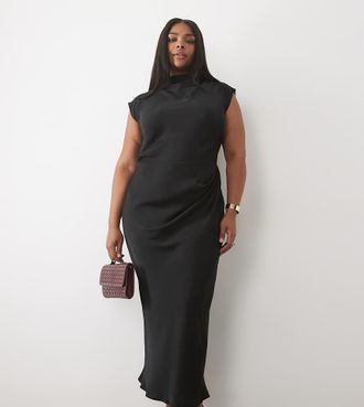 Asos Curve ASOS DESIGN Curve vestito midi nero con collo alto, corpino a pieghe