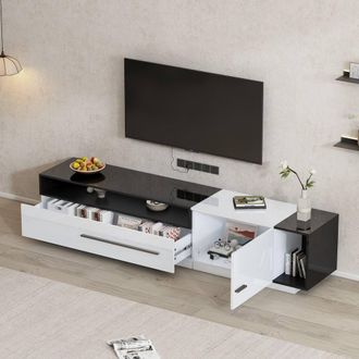 Merax 70 Inch High Gloss TV Stand, Media Unit with Drawer & Shelves in White