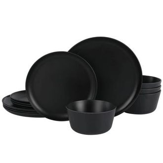 Gibson Home Fairhope 12 Piece Melamine Round Dinnerware Set in Black at Nordstrom