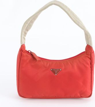 Prada Beige Red Color Nylon Handbag Tote Bag (Pre-Owned)