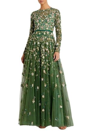 Mac Duggal Womens Embellished High Neck Long Sleeve A Line Gown in Sage at Nordstrom, Size 12