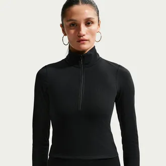 Nike Womens Nike Sportswear Chill Knit Tight Quarter-Zip Long-Sleeve Ribbed Top in Black | IF0577-010