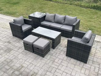 Fimous Lounge Rattan Sofa Set Outdoor Garden Furniture Oblong Rectangular Coffee Table in Dark Grey