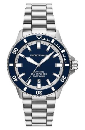 Emporio Armani Sea Explorer Bracelet Strap Automatic Diving Watch, 42.5mm in Silver at Nordstrom