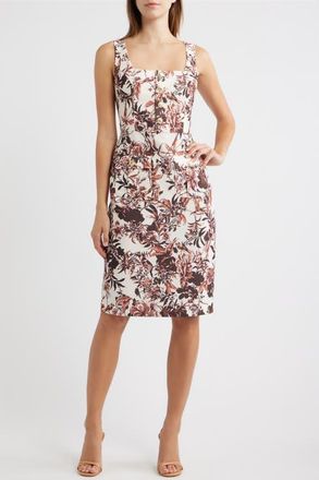 Eliza J Floral Print Sheath Dress in Coffee Eggshell at Nordstrom, Size 10