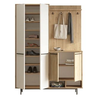 Dmora Mueble De Entrada Tignale, Perchero, 12 Estantes, Puerta Batiente, 147x36x196h Cm Beige