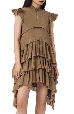 AllSaints Cavalry Layered Ruffle High-Low Dress in Butternut Brown at Nordstrom, Size 12 Us