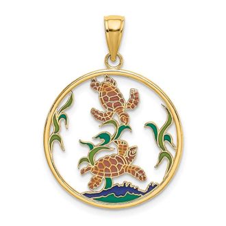 Diamond2Deal 14k Yellow Gold Enamel Sea Turtles In Circle Charm