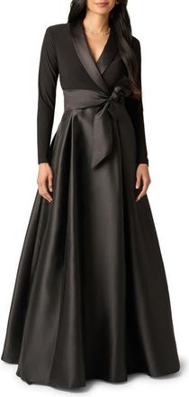 Adrianna Papell Mixed Media Long Sleeve Tuxedo Gown in Black at Nordstrom, Size 14